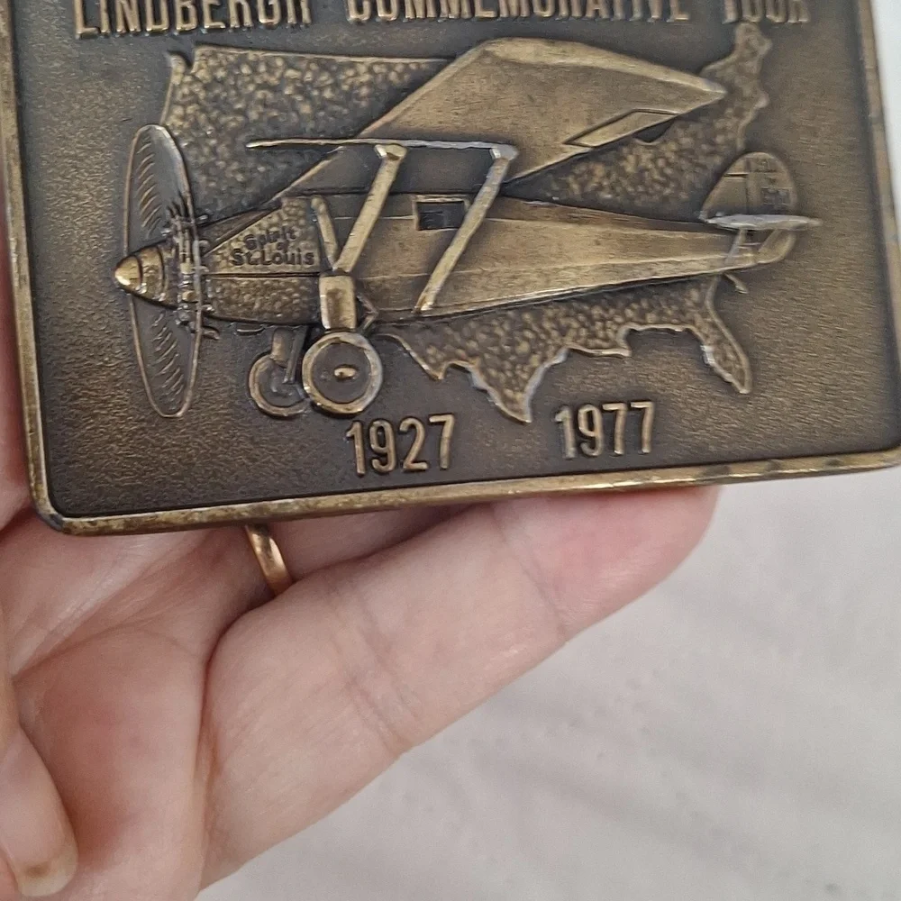 Vintage 1977 Charles Lindbergh Commemorative Tour Brass Belt Buckle